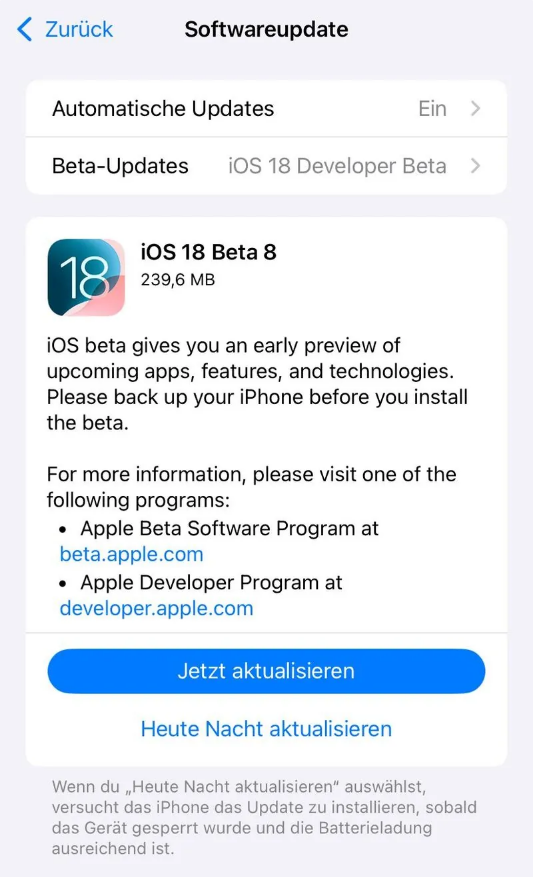 荥阳苹果手机维修分享苹果 iOS / iPadOS 18 开发者预览版 Beta 8 发布 